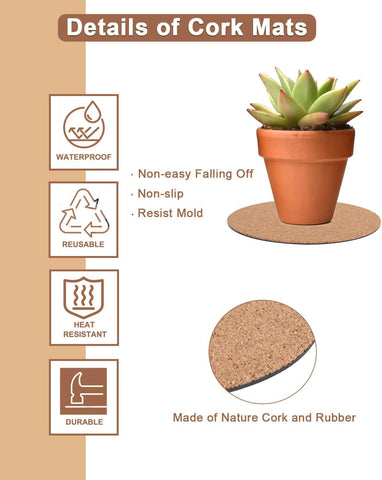 6 Inch Cork Plant Coasters, 6 Pack Round Plant Mats for Indoor Flower Pots
