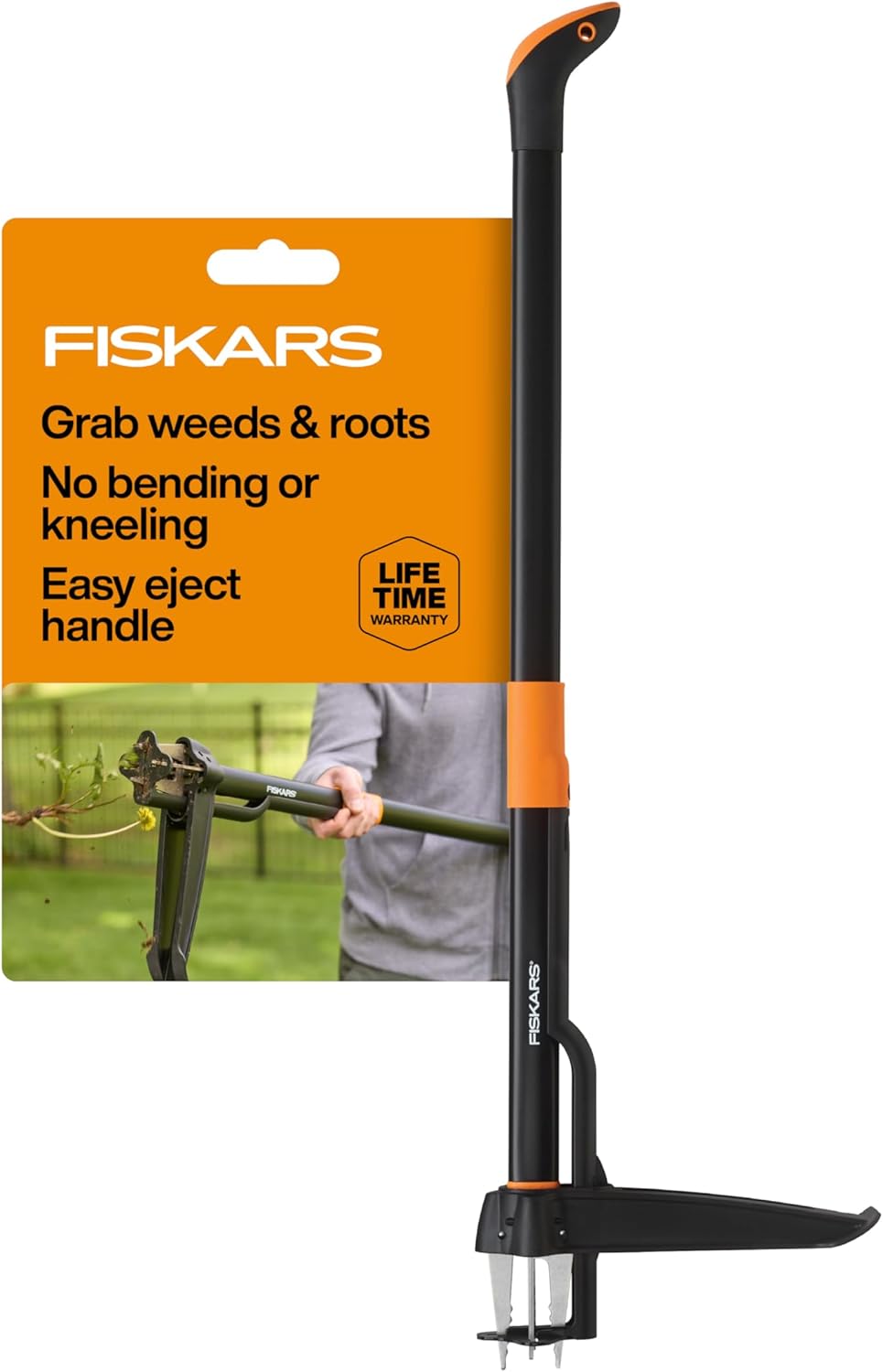Fiskars Deluxe Stand-Up Weed Puller Tool, 4 Serrated Stainless Steel Claws