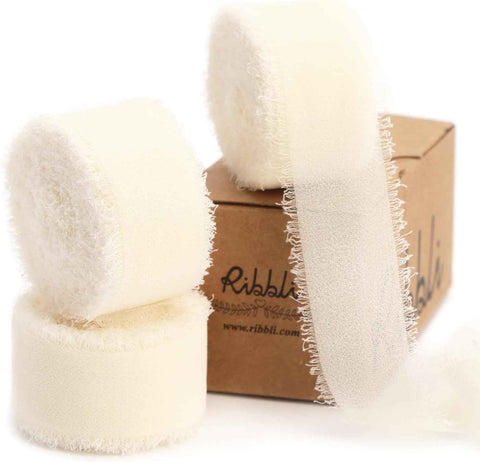 Ribbli Ivory Ribbon 1 Inch x 3 Rolls Total 24 Yards Ivory Handmade Fringe Chiffon Silk Ribbon for Wrapping Wedding Invitations Bridal Bouquets DIY Crafts Home Decor