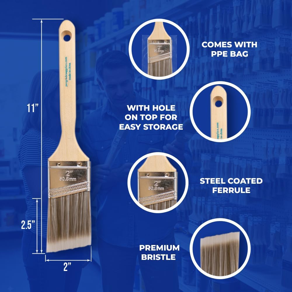 Pro Grade Paint Brushes, 2 Inch Angled Paint Brush, Trim & Walls, 3 Pack