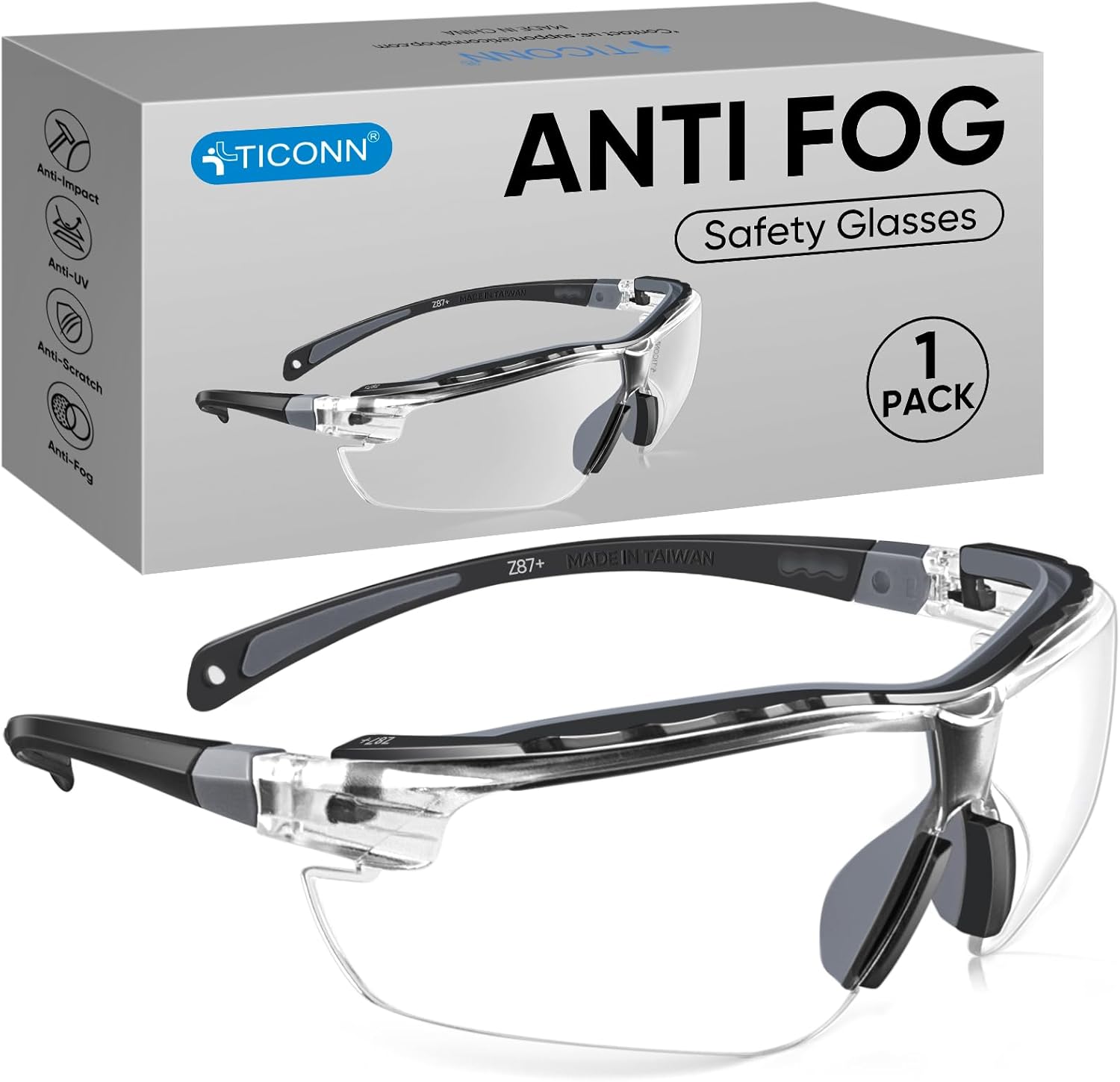 TICONN Anti-Fog Safety Glasses for Men & Women, ANSI Z87.1 Eye Goggles