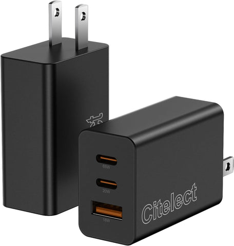 85W Total Shared Output GaN USB-C Fast Charger,2C1A 3-Port, Max 65W, 2 Pack