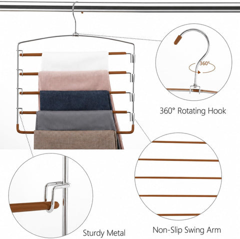 Pants Hangers Space Saving 3 Pack 5 Layer Swing Arm Hanger Brown