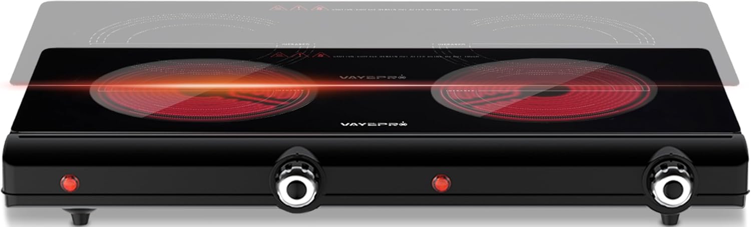 Infrared Double Burner Electric Cooktop, 1800W Portable Electric Stove, 2 Burner Countertop Cooktop for Dorm, Works with Most Cookware