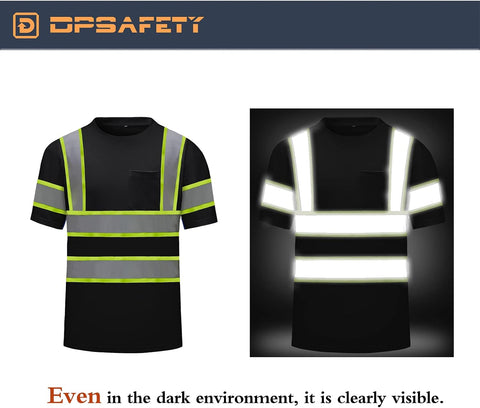 High Visibility Shirts Quick Dry Safety T Shirts with Reflective Strips and Pocket Short Sleeve Mesh Hi Vis Construction Work Class 2 Shirt for Men/Women Black,XL
