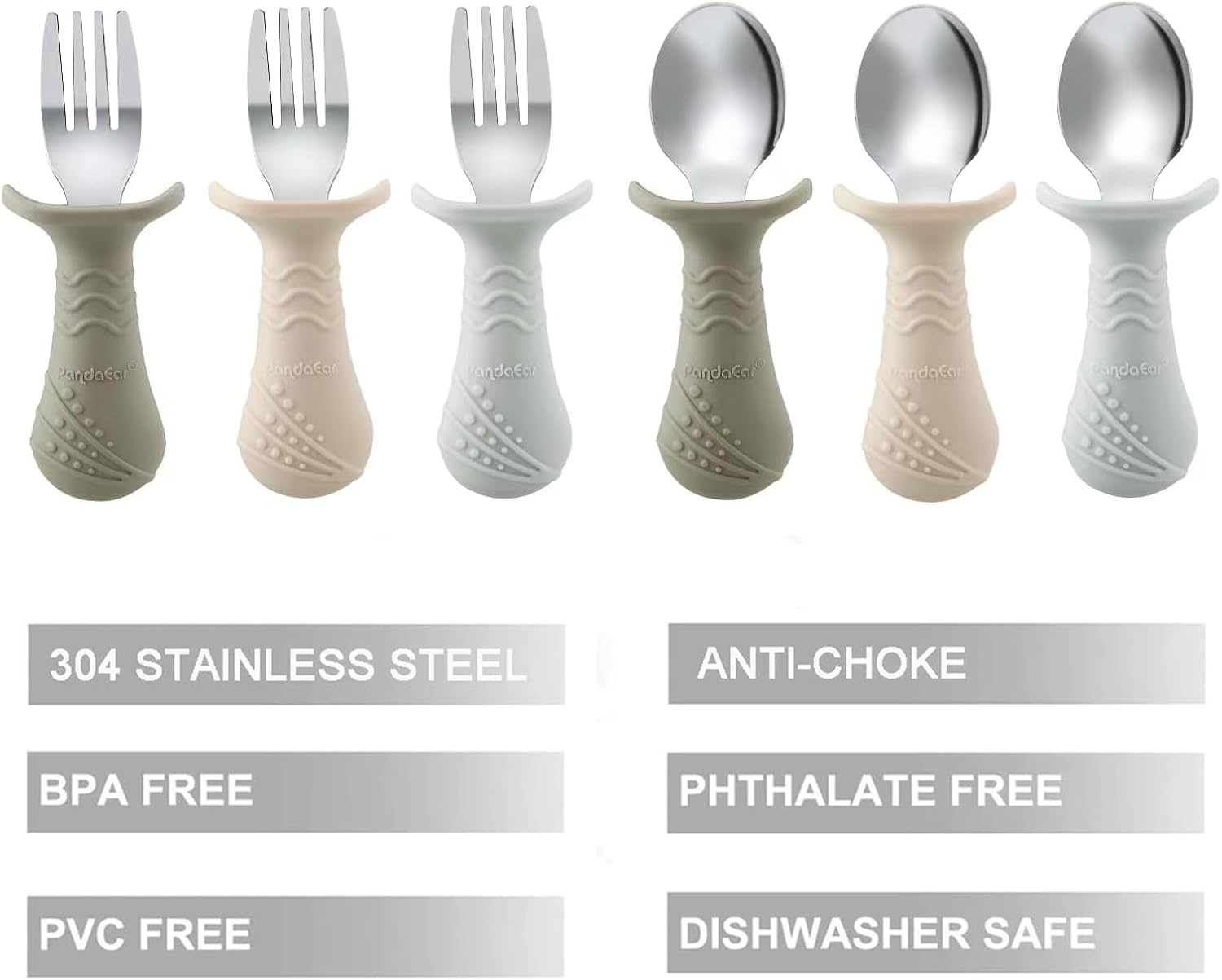 PandaEar Baby Toddler Fork and Spoon Utensil Set, 6 Pack Silicone Stainless Steel Silverware Spoon Fork for Babies Toddler, BPA Free with Silicone Holding Anti-Choke Design (Light Tan&Walnut&Grey)