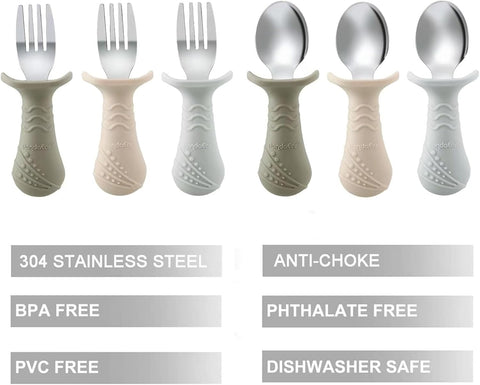 PandaEar Baby Toddler Fork and Spoon Utensil Set, 6 Pack Silicone Stainless Steel Silverware Spoon Fork for Babies Toddler, BPA Free with Silicone Holding Anti-Choke Design (Light Tan&Walnut&Grey)
