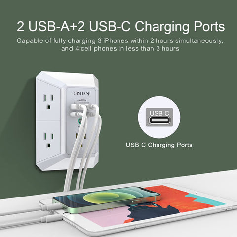 USB Wall Charger, Surge Protector, QINLIANF 5 Outlet Extender with 4 USB Charging Ports (4.8A Total) 3-Sided 1680J Power Strip Multi Plug Outlets Wall Adapter Spaced for Home Travel Office(2U2C),White