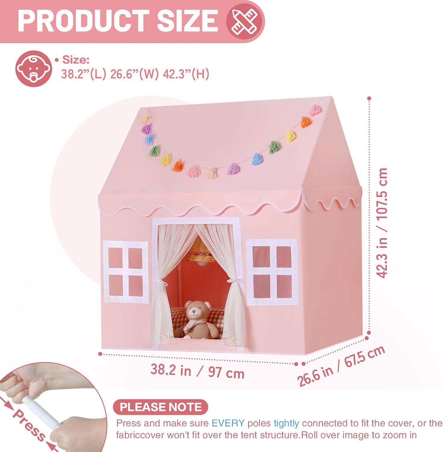 Kids Play Tent Indoor: with Mat, Tassel Garland - Pink Girls Tent Playhouse Kids Toys for Boy Girl Birthday Gift for Kids