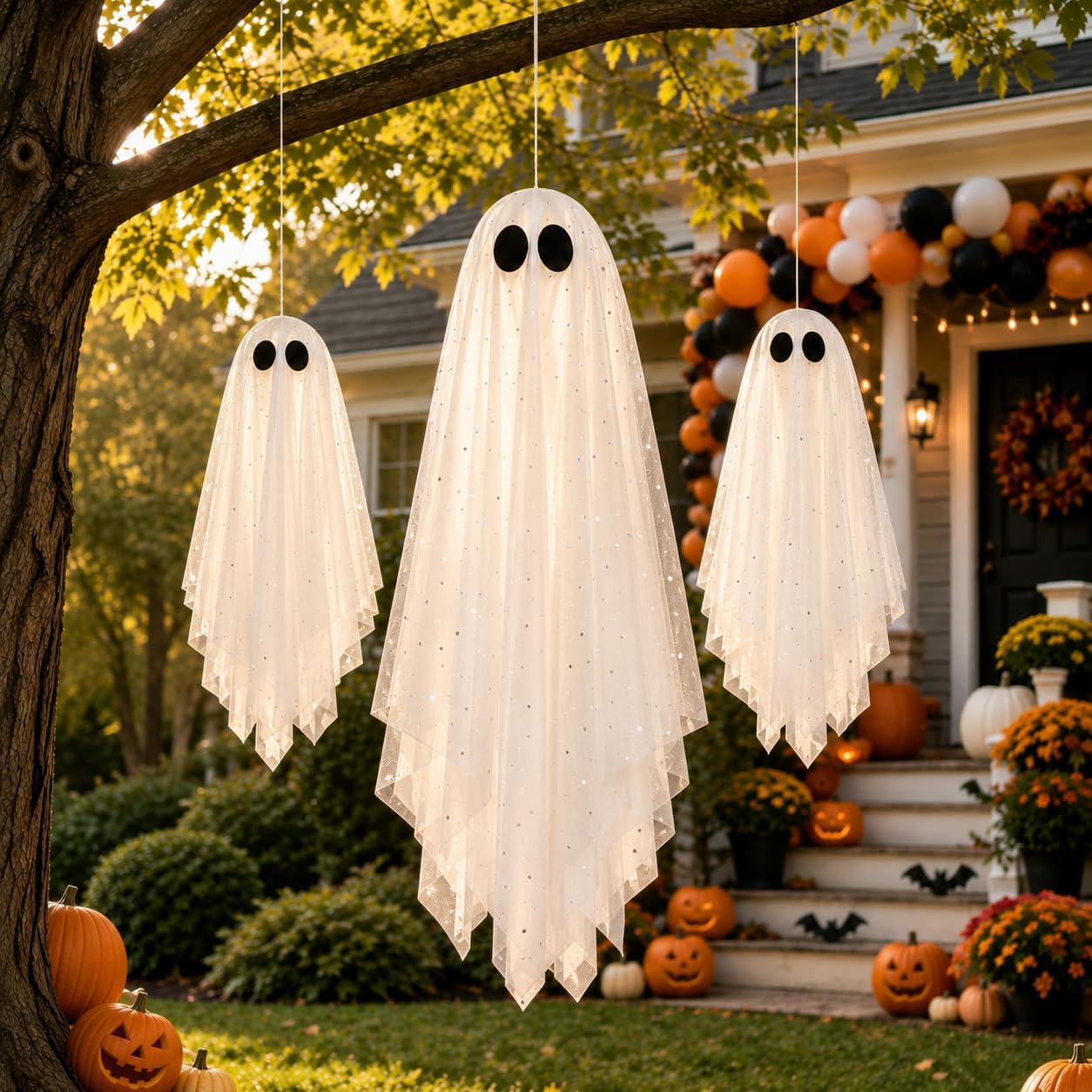 3 Pack Pre-Assembled Hanging Ghosts Halloween Decorations with Warm Glow,Ghost Decor with Remote Timer & Upgraded Double-Layer Sheet, Swinging Ghost for Indoor Outdoor Tree Porch Yard Garden Party