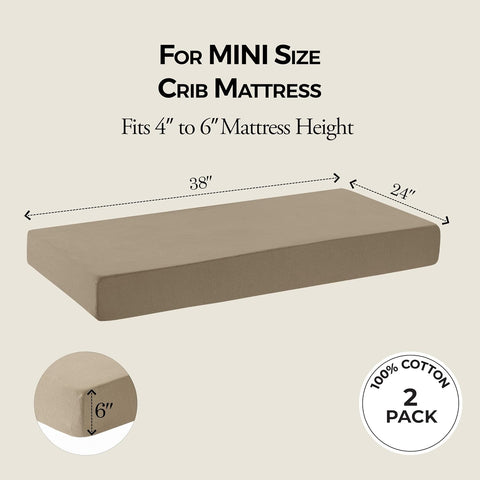 Dreamology Mini Crib Fitted Sheets, 100% Cotton Crib Sheets, 2 Pack