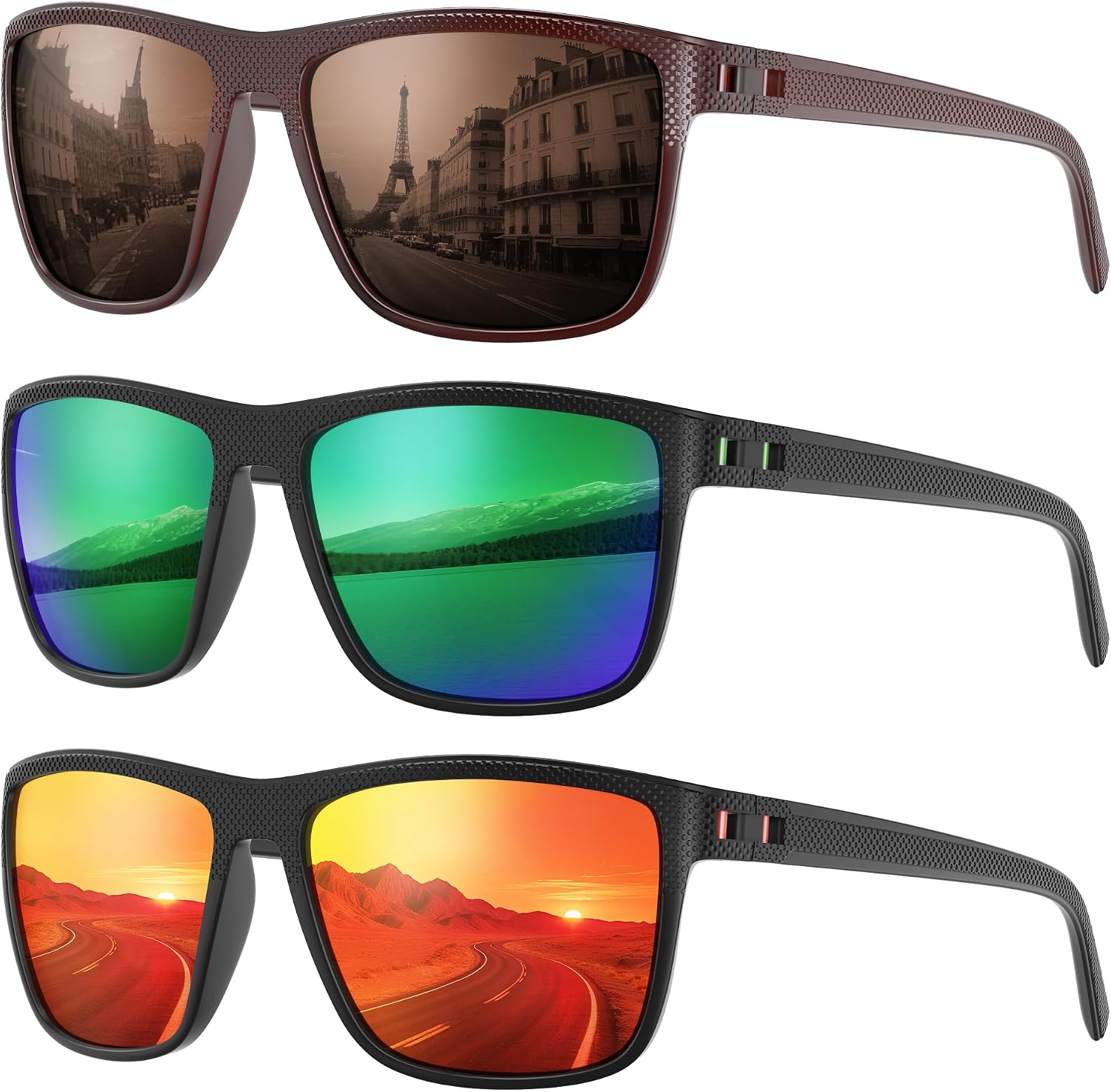 Fanshen Square Polarized Sunglasses for Men, 3 Pack Lightweight UV Protection Sun Glasses for Driving Fishing Golf