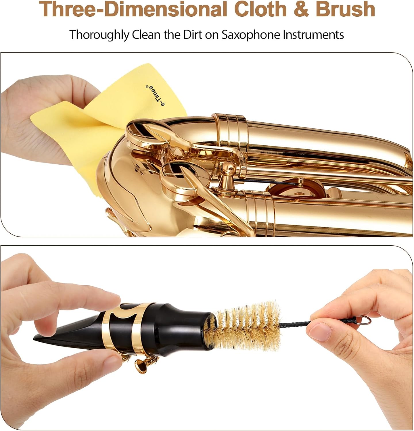 Saxophone Cleaning Cloth Kit, for Alto Tenor Soprano Sax and Other Wind & Woodwind Instruments, Including 1 * Cleaning Cloth and 1 * Mouthpiece Brush