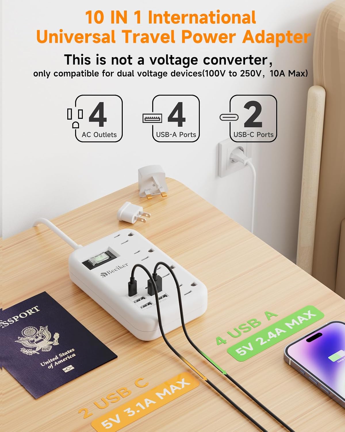 European Travel Plug Adapter, US to Europe Power Strip,6 USB,4 Outlets,3ft