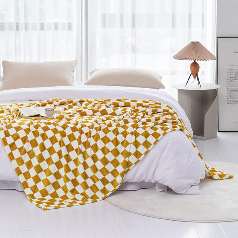 LOMAO Throw Blankets Flannel Blanket with Checkerboard Grid Pattern Soft Throw Blanket for Couch, Bed, Sofa Luxurious Warm and Cozy for All Seasons (Yellow, 50"x60")
