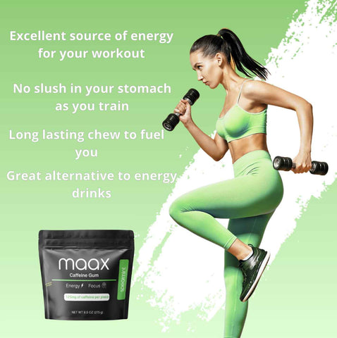 Maax Caffeine Energy Gum | 125mg of caffeine per piece | Spearmint | 125 total pieces per bag