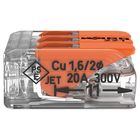 221-413 | WAGO Lever-Nuts® Splicing Connector | for Solid and Stranded Conductors | 3-Conductor with Operating levers | 24-12 AWG | Transparent housing | [Box of 50 Pieces]