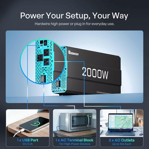 Renogy Inverter P2 2000W Pure Sine Wave Inverter 12V DC to 110V AC Converter, Off-Grid Solar Power Inverters for Vehicles, Truck, RV, Home, with Built-in 5V/2.1A USB/Hardwire Port, Remote Controller