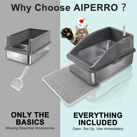 AIPERRO Stainless Steel Litter Box | XL Metal Cat Litter Boxs with Lid