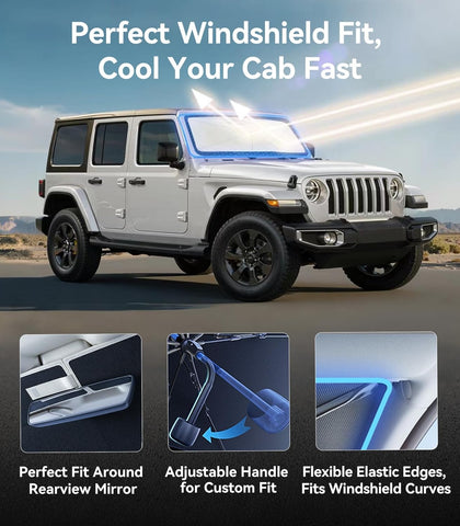 Nmoiss Windshield Sun Shade Umbrella for All Jeep Wrangler & Gladiator - [Vinyl Coating Heat Shield] Protect Car from Sun Rays & Heat Damage Keep Cool and Protect Interior, Spring Structure Edge