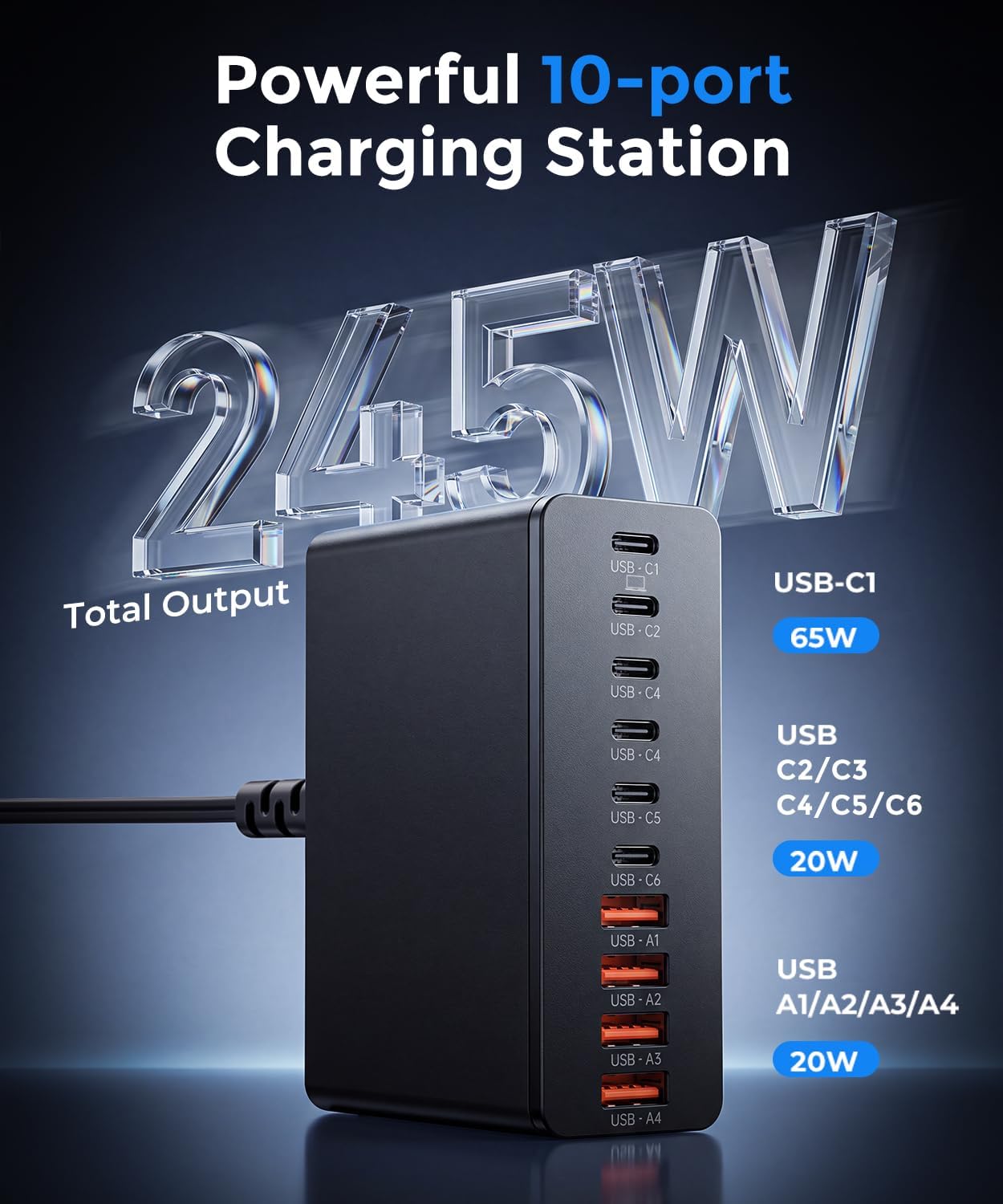 USB C Charging Station 10 Port with 4 Cables,245W GaN Charger Block