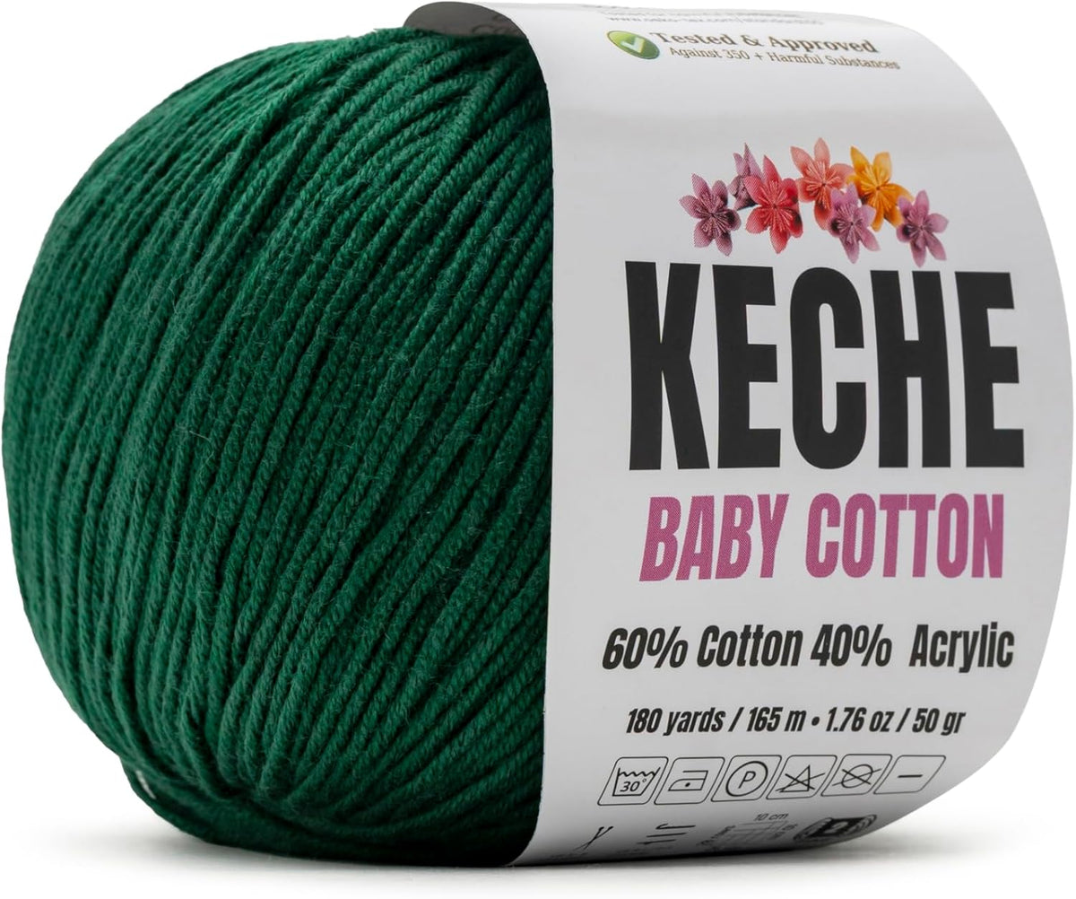 Keche Baby Cotton, 60% Cotton 40% Acrylic Yarn, Soft Cotton Yarn for Crochet and Knitting, Amigurumi Yarn 1 Skein/Ball 1.76 Oz (50g) / 180 Yrds (165m) - Dark Green