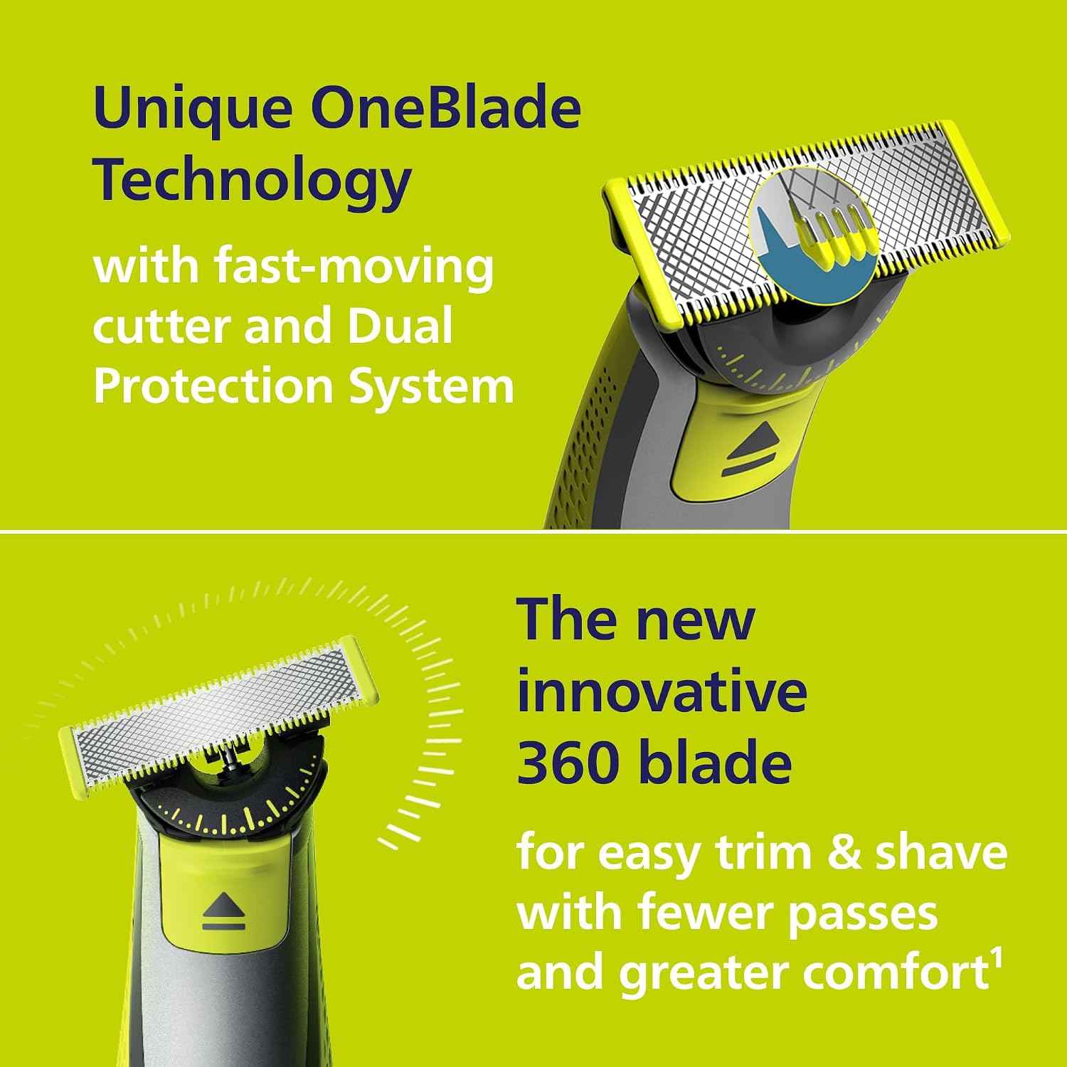 Philips Norelco OneBlade 360 Hybrid Face + Body Trimmer and Shaver | 360 Blade Technology, 100% Showerproof, Stainless Steel Blade Lasts up to 4 months, Body Kit, 60-Min Runtime, QP2834/70