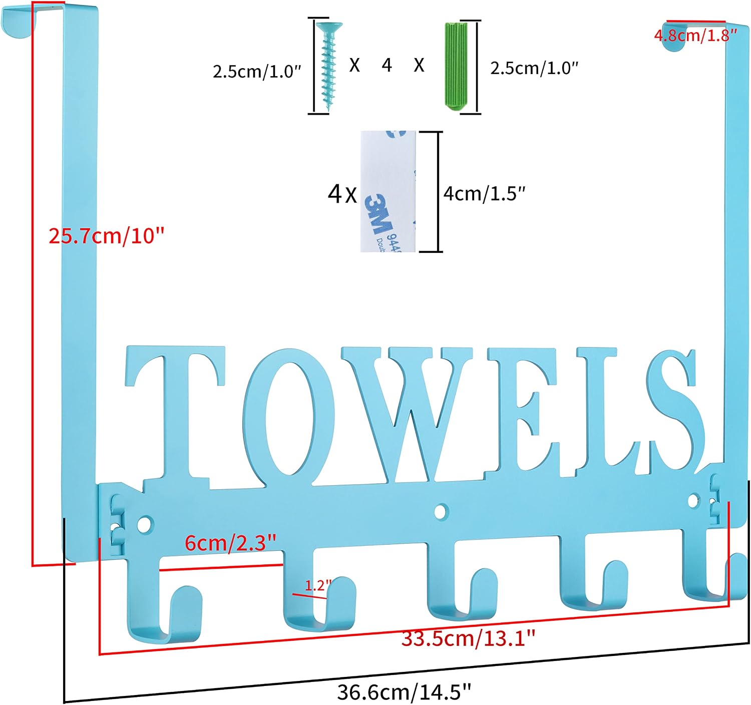 Kuhome Over The Door Towel Holder - Hooks & Rack for Bathroom, Robe & Beach Towels (Blue)