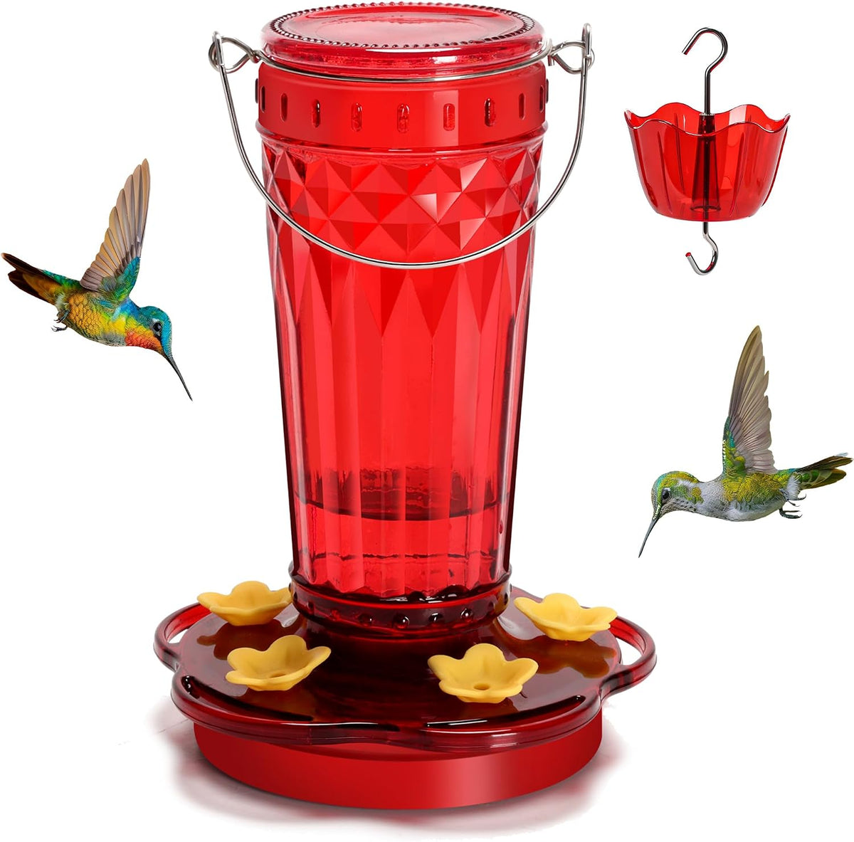 Hummingbird Feeder-14 Ounces，5 Feeding Ports Glass Hummingbird feeders for Outdoors,Wide Mouth for Easy Filling/Cleaning，Hanging for Garden Backyard Decor, Includes Ant Moat (Red，1Pack)