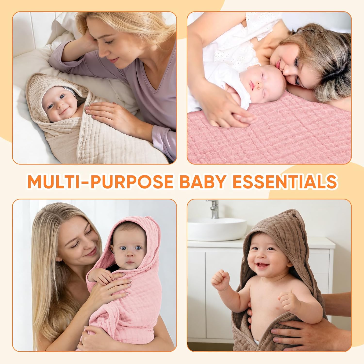 MIGIOL Muslin Hooded Baby Towels 100% Cotton ，Super Soft Muslin Baby Bath Towel - 32 x 32 Inches, Suitable for Newborn and Young Children up to 3 Years Old. (Beige & Coffee)