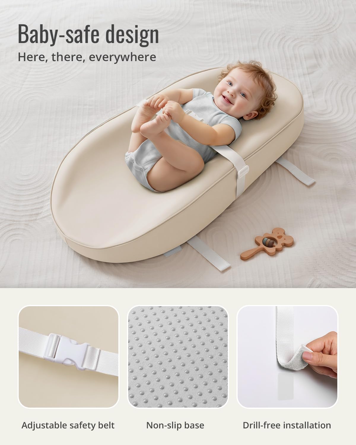 Blissful Diary Vegan Leather Baby Changing Pad with Waterproof & Wipe-Clean PU Cover, Avocado Size Cozy Diaper Changing Pad for Dresser and Table, Beige