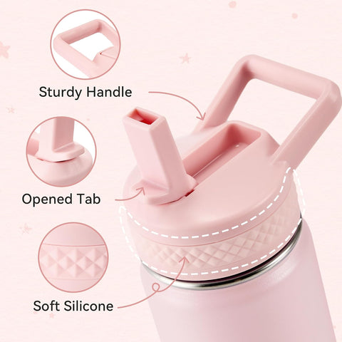 Fijinhom 12 oz Toddler Bottle, Kids Water Bottle for School Boys&Girls with Straws Lids, 304 Stainless Steel Vacuum Insulated Thermos, BPA-Free, Pink + Mint Green