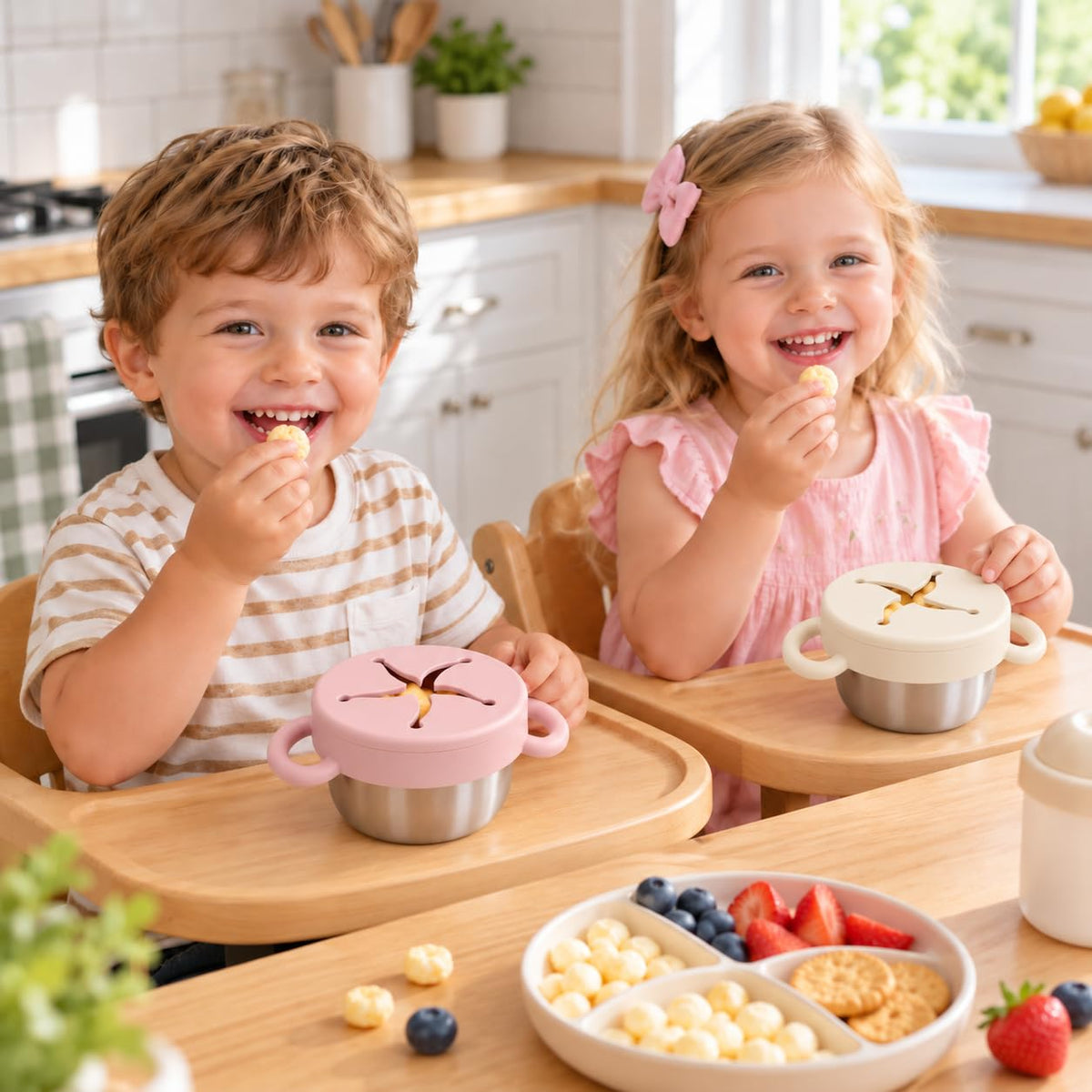Bufilea 2 Pack Snack Containers for Toddlers, Stainless Steel Toddler Snack Cups with Silicone Food Catcher & Lids,Snack Cups for toddlers Spill Proof