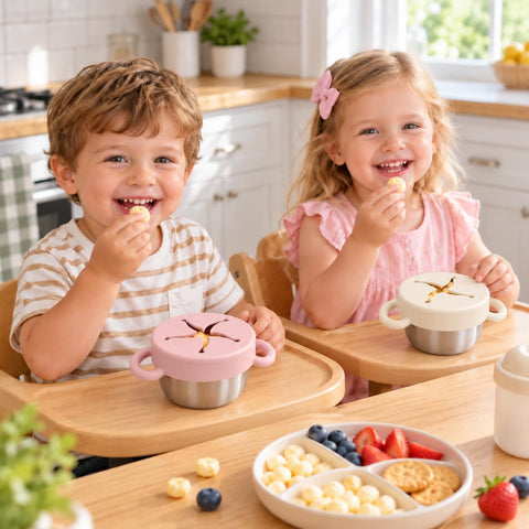 Bufilea 2 Pack Snack Containers for Toddlers, Stainless Steel Toddler Snack Cups with Silicone Food Catcher & Lids,Snack Cups for toddlers Spill Proof