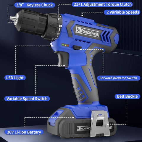 FADAKWALT 20V MAX Cordless Drill Set,Power Drill Kit with Lithium-Ion and charger, 3/8-Inch Keyless Chuck, 2 Variable Speed 21+1 Torque Setting Power Tools Kit，280 inch-lbs with LED Electric Drill Set