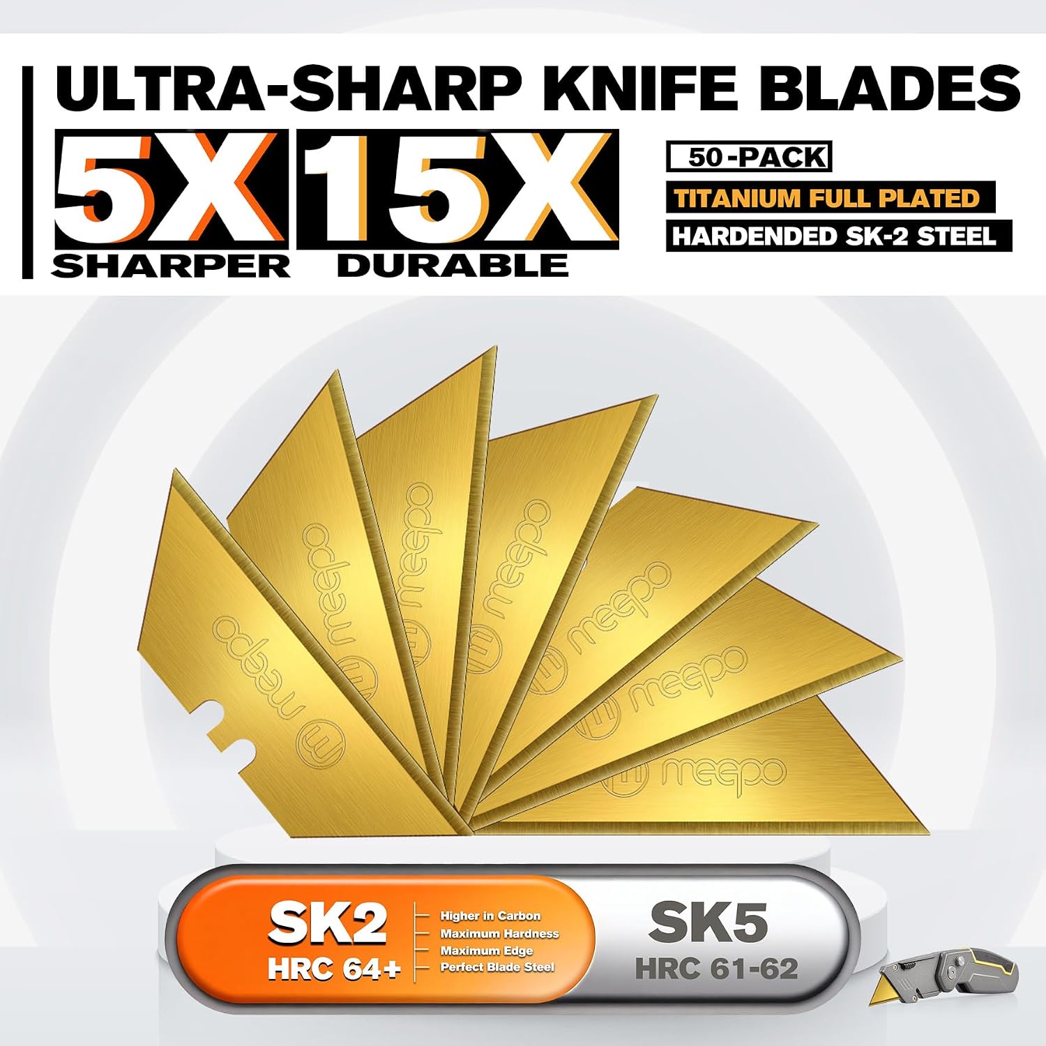 M MEEPO Utility Knife Blades, Never Rust, Titanium SK-2 Steel, 50-Pack