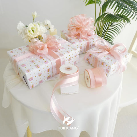 HUIHUANG Rose Gold Sheer Wired Ribbon with Satin Stripe 1-1/2" x 10 Yards