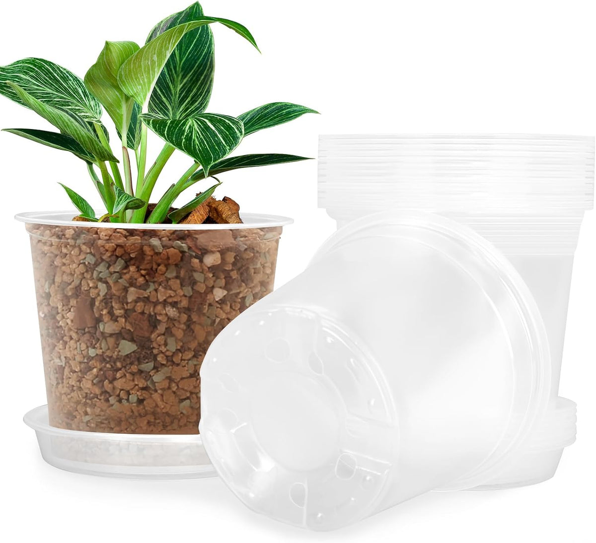 FUIJOL 5 Inch Clear Nursery Pots for Plants with Sacuers 15 Pack, Plastic Flower Pots with Drainage Holes, Variety Pack Seedlings Garden Pot for Indoor Outdoor (5 inch)