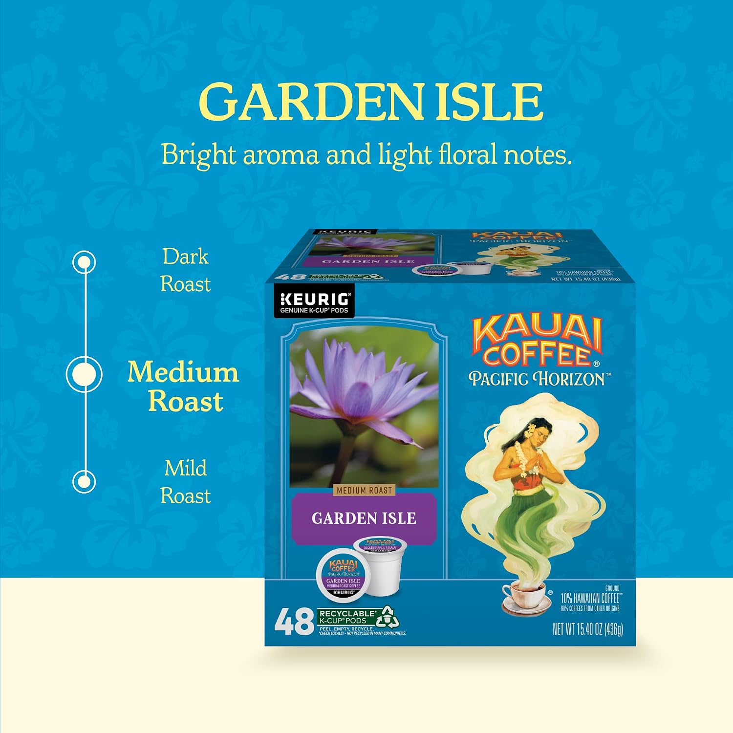 Kauai Coffee K-Cup Pods for Keurig Brewers – Arabica Coffee, 10% Hawaiian – Medium Roast, Bright Aroma With Light Floral Notes – Garden Isle, 1 Pack of 48 Single Serve K-Cups