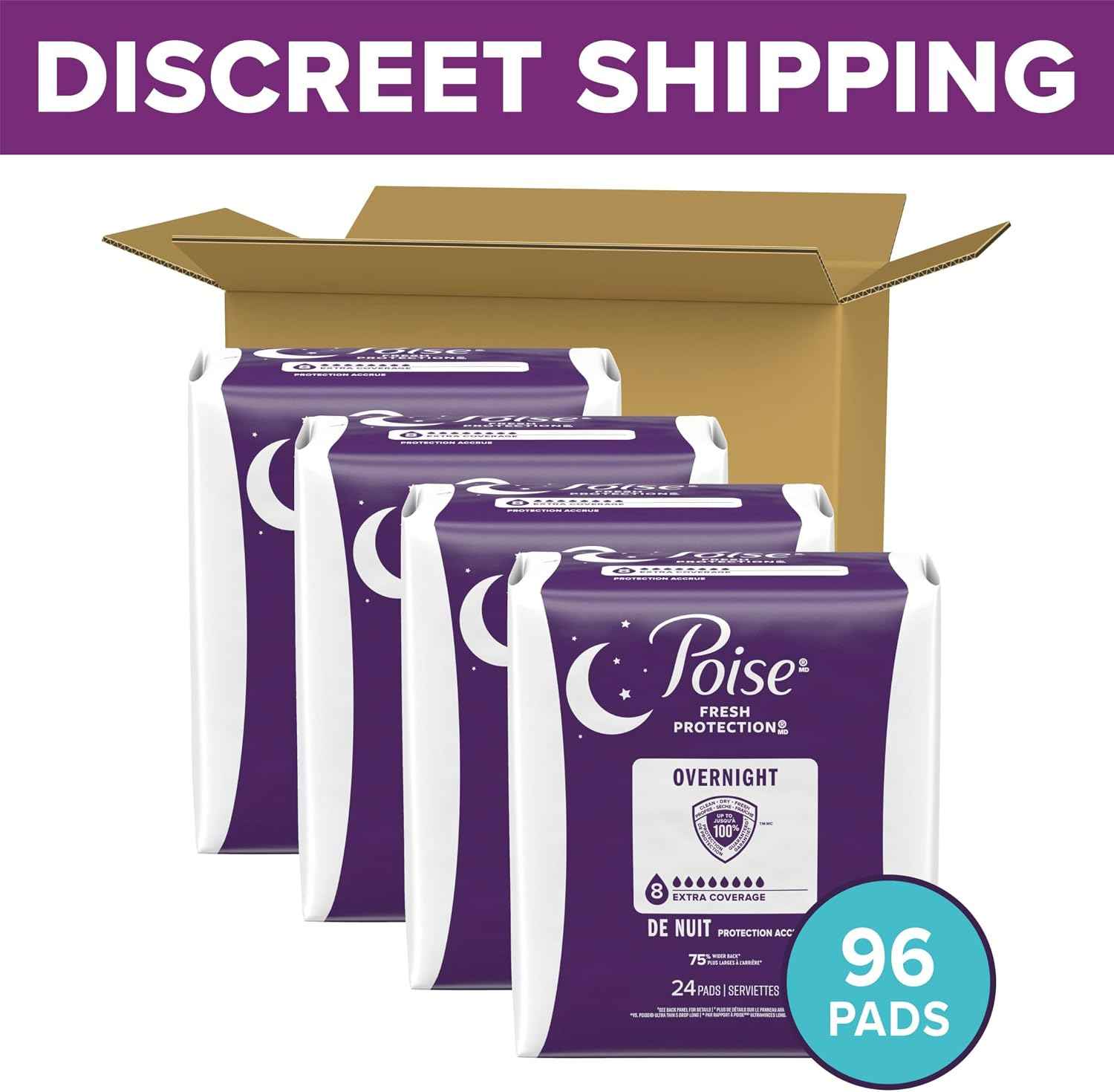 Poise Overnight Incontinence & Postpartum Pads for Bladder Leaks, 8 Drop Extra Coverage, 96 Count, Packaging May Vary