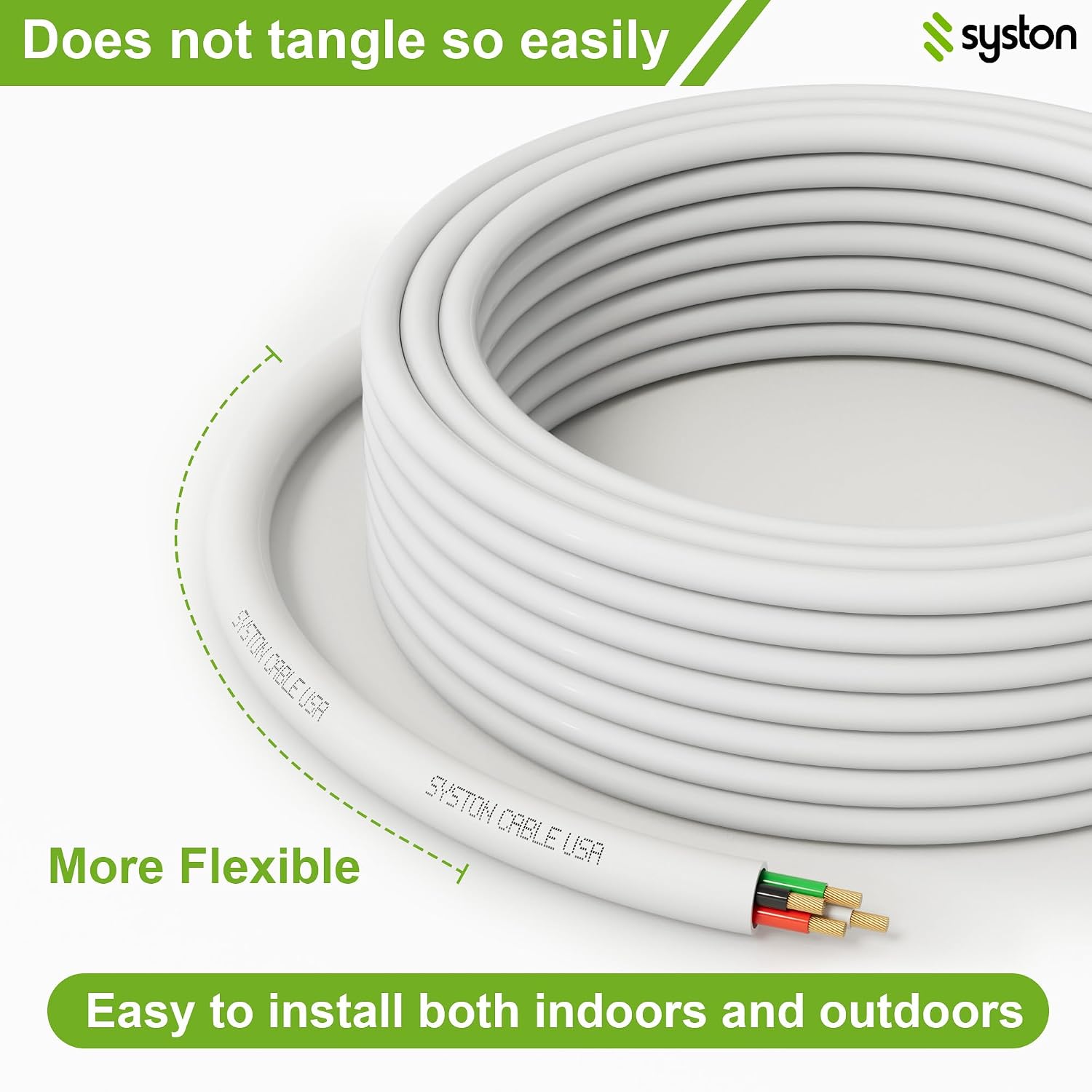 SYSTON 14/4 Speaker Audio Cable Wire Bulk, 14AWG 4C Strand OFC - Oxygen Free Copper Conductors, CMR Riser-Rated Indoor/Outdoor UV Resistant RoHS Compliant for Home Theater Car Speakers, White 50 FT