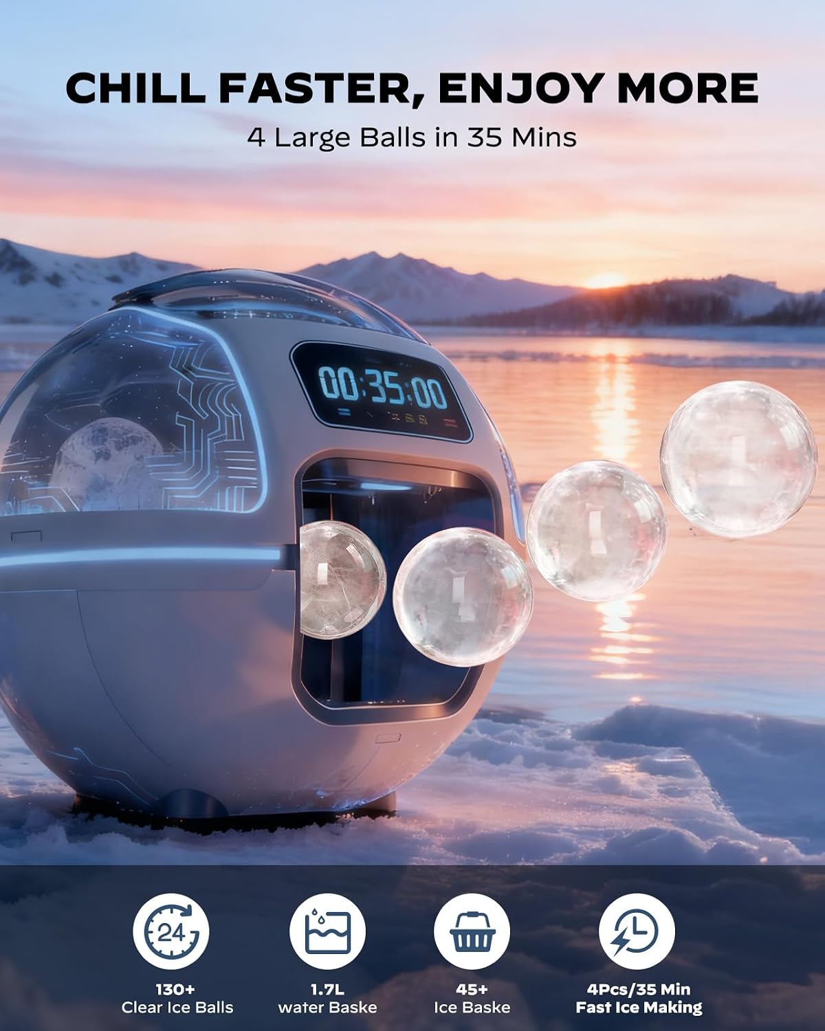 Silonn 2" Sphere Clear Ice Maker Countertop, Slow-Melting Crystal Ice Balls for Whiskey, 4 Pcs in 35 Mins / 144 Pcs/Day, Rapid Sphere Technology, One-Click Self-Cleaning, Ideal for Bourbon