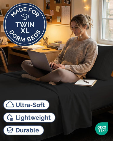 Twin XL 3 Piece Sheet Set - College Dorm Room Essentials - Black