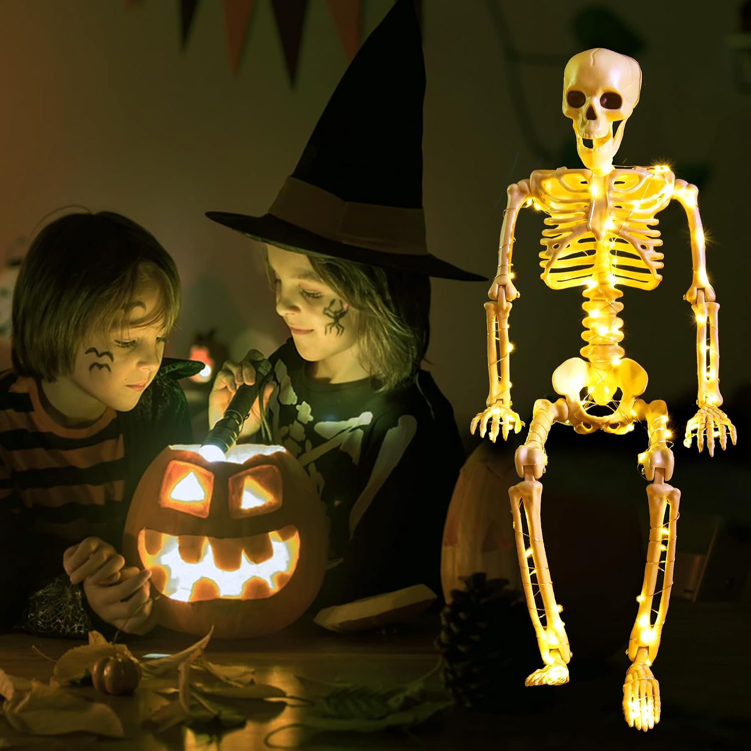 2 Pack 24 Inches Halloween Skeleton, LED Light Up Pose-N-Stay Halloween Skeleton Full Body Posable Movable Jonints for Halloween Decoration