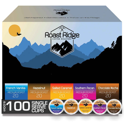 Roast Ridge K-Cup Coffee Pods, Medium Roast Flavored Variety Pack 100 Count | Variety Pack Includes 20 Salted Caramel, 20 Southern Pecan, 20 Chocolate Mocha, 20 Hazelnut, 20 French Vanilla