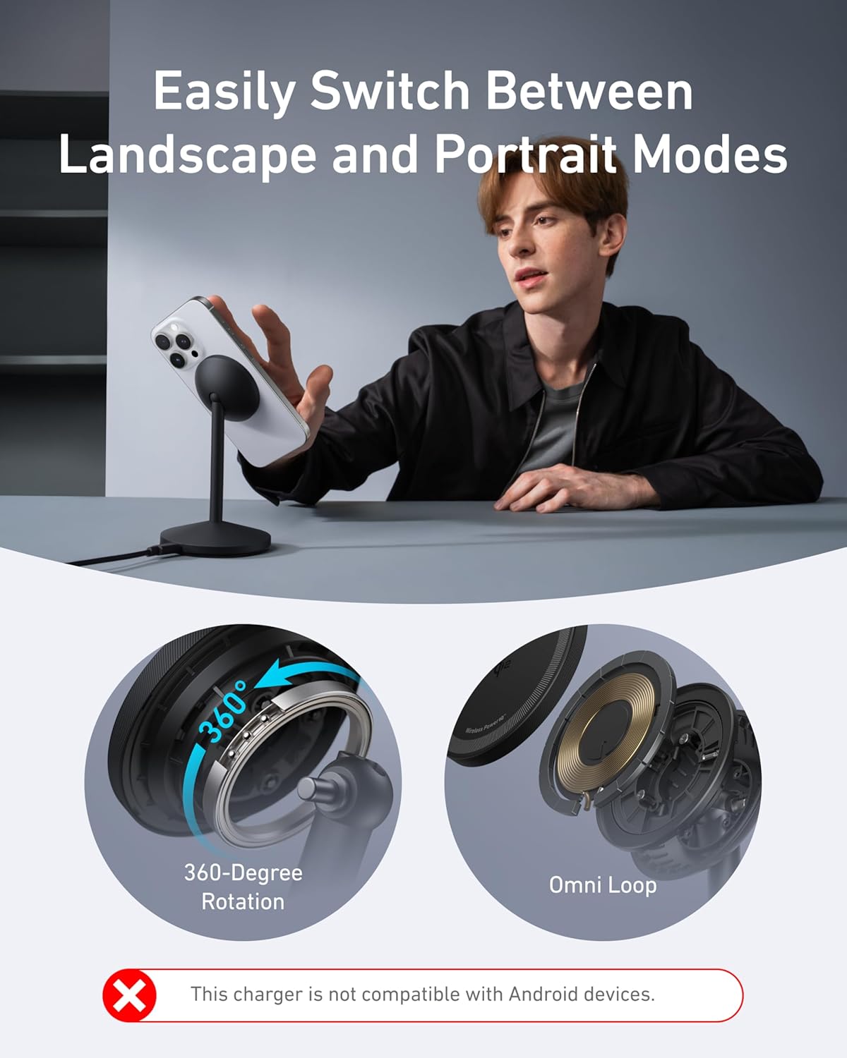 Anker MagSafe Charger, MagGo Qi2 15W 360-Degree Wireless Charger Stand