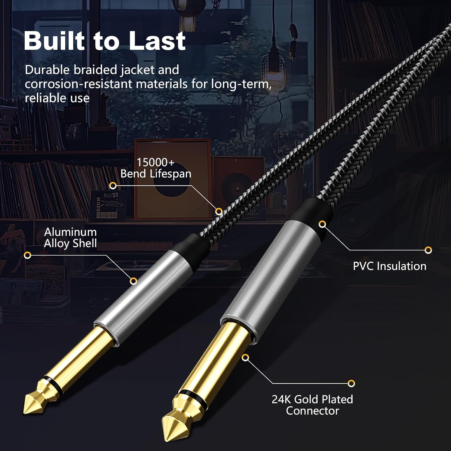 6.35mm Instrument Cable 20Ft,Silver Color Premium 6.35mm Mono Jack 1/4" TS Cable Unbalanced Guitar Patch Cords/Instrument Cable Male to Male with Zinc Alloy Housing and Nylon Braid(20Ft/6M)