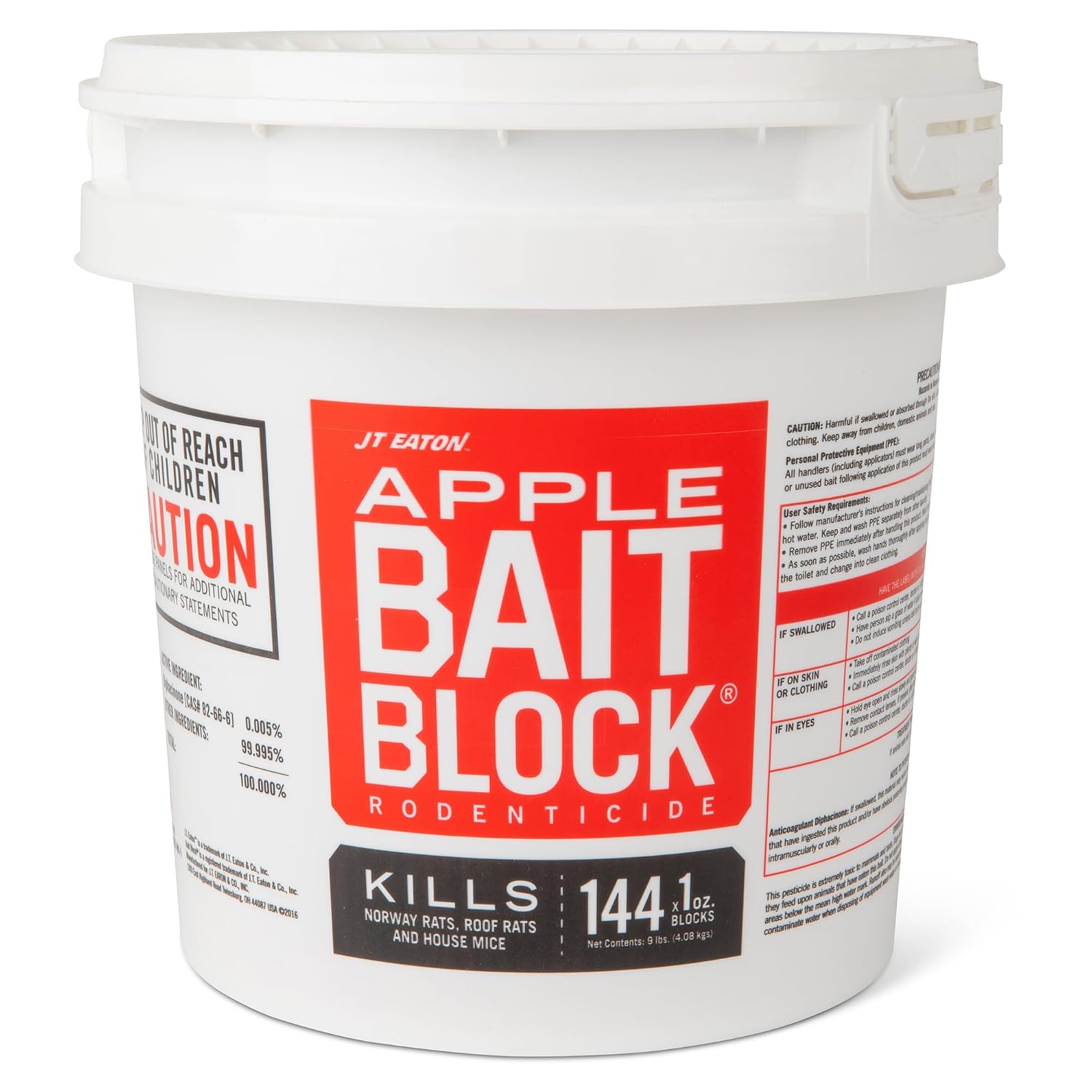 JT Eaton Anticoagulant Rodenticide Bait Block for Mice and Rats, Made in USA, Apple Flavor, 9 lb Pail of 144 Blocks