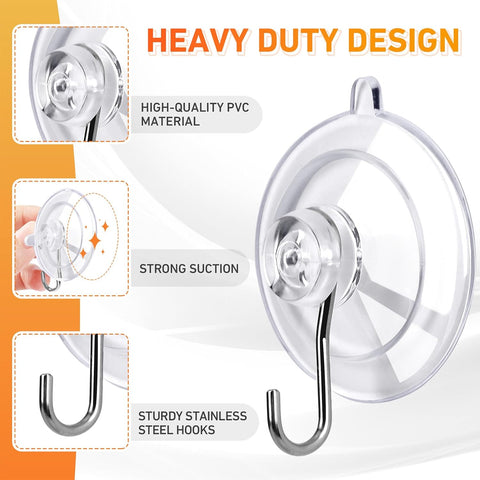 KORCCI Suction Cup Hooks 12Pack - Max Load 10LB, 1.77Inch Clear Medium Suction Cups, No Trace, Reusable & Removable, Stainless Steel Hooks, for Tile, Glass, Window, Shower, Kitchen, Bathroom