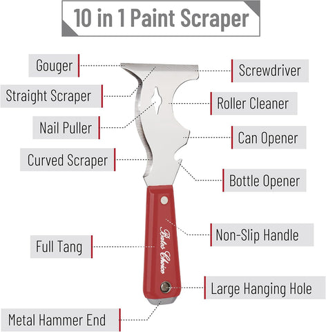 Bates- Paint Scraper, 10 in 1 Painters Tool, Red Paint Scrapers for Wood, Painters Tool, Painters Knife, Paint Scraper for Painting, Putty Knife, Metal Scraper, Spackle Knife Scraper